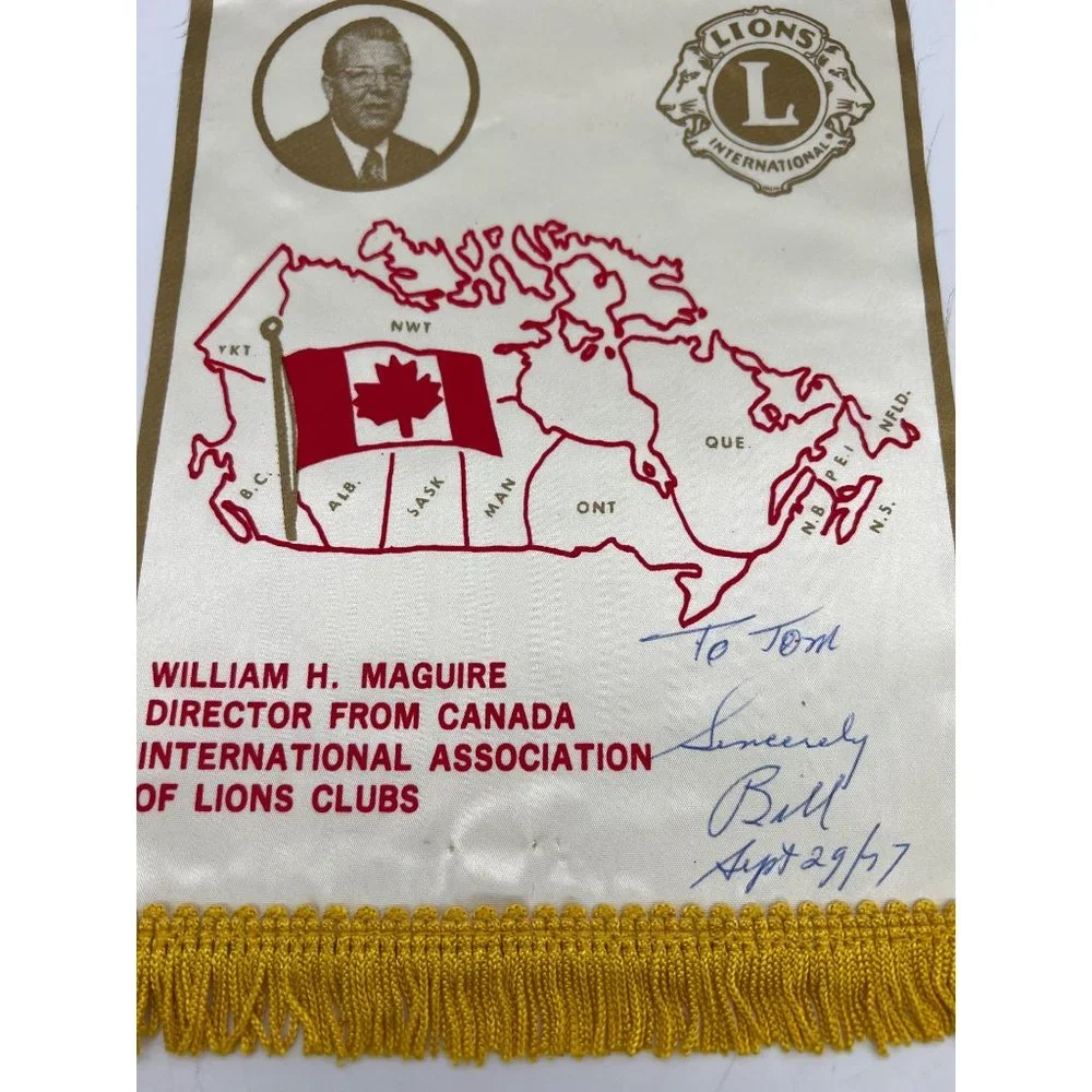 1977 Lions Club International Banner Director From Canada Signed William Maguire